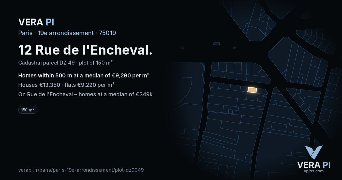 12 Rue de l'Encheval, 19e arrondissement at night – the plot lit, the parcels around coloured by the prices near them