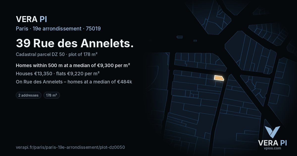 39 Rue des Annelets, 19e arrondissement at night – the plot lit, the parcels around coloured by the prices near them