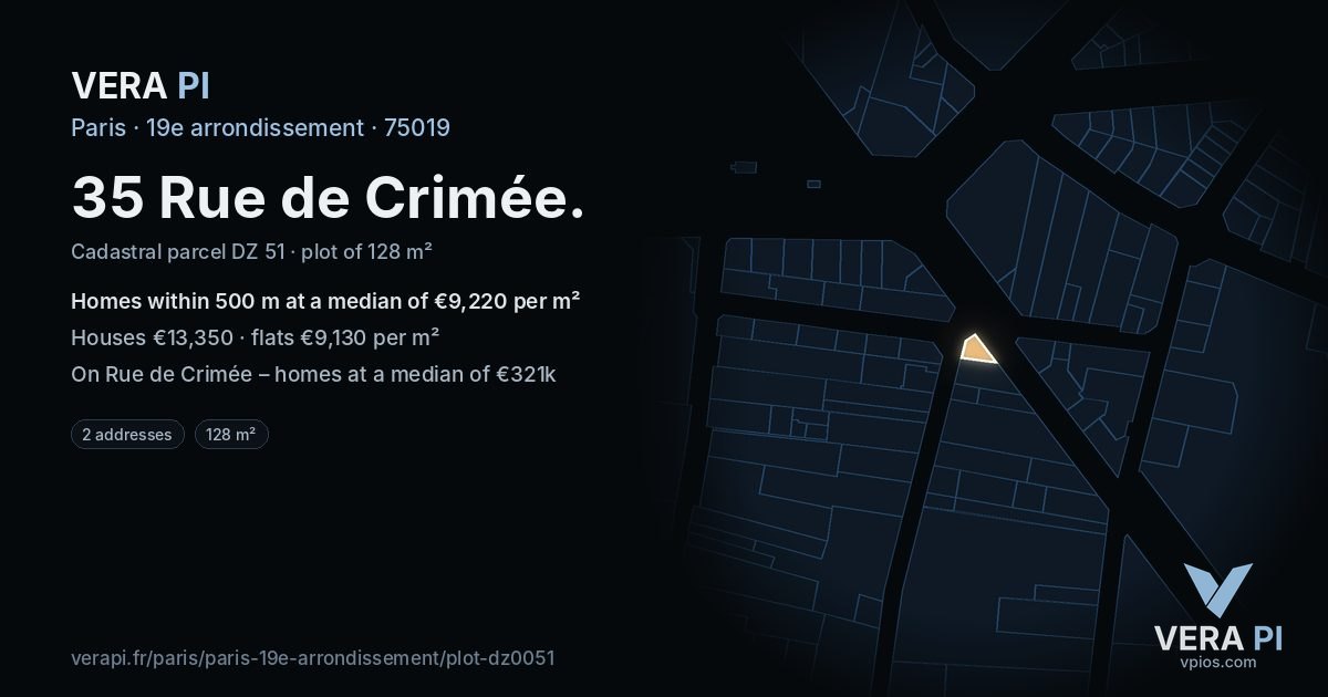 35 Rue de Crimée, 19e arrondissement at night – the plot lit, the parcels around coloured by the prices near them