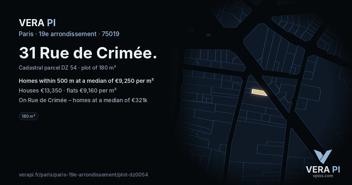 31 Rue de Crimée, 19e arrondissement at night – the plot lit, the parcels around coloured by the prices near them