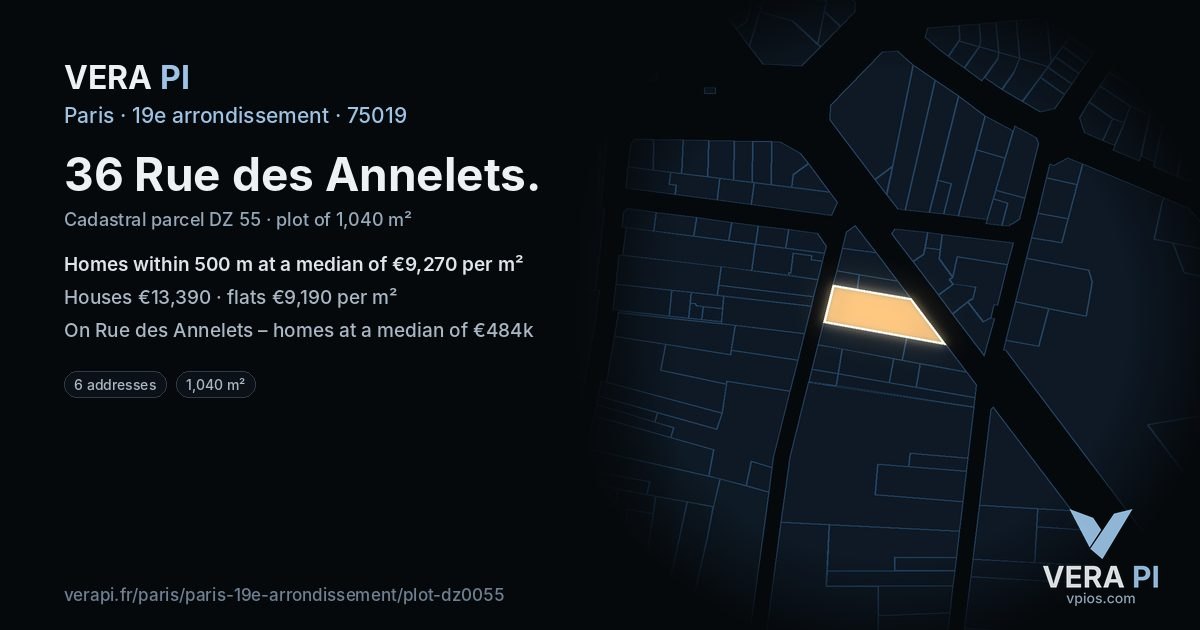 36 Rue des Annelets, 19e arrondissement at night – the plot lit, the parcels around coloured by the prices near them