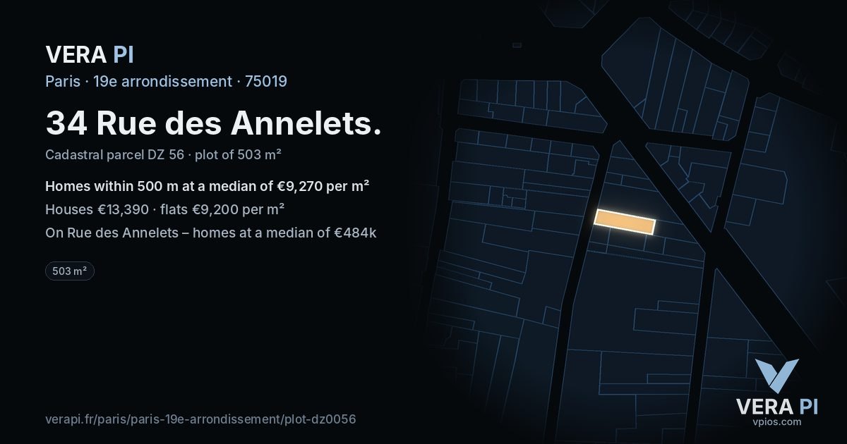 34 Rue des Annelets, 19e arrondissement at night – the plot lit, the parcels around coloured by the prices near them