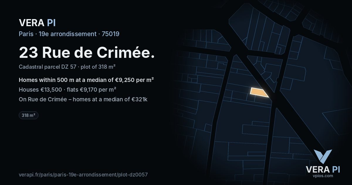 23 Rue de Crimée, 19e arrondissement at night – the plot lit, the parcels around coloured by the prices near them