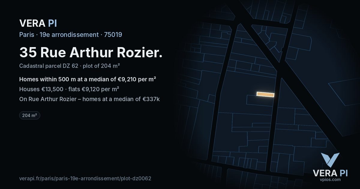35 Rue Arthur Rozier, 19e arrondissement at night – the plot lit, the parcels around coloured by the prices near them