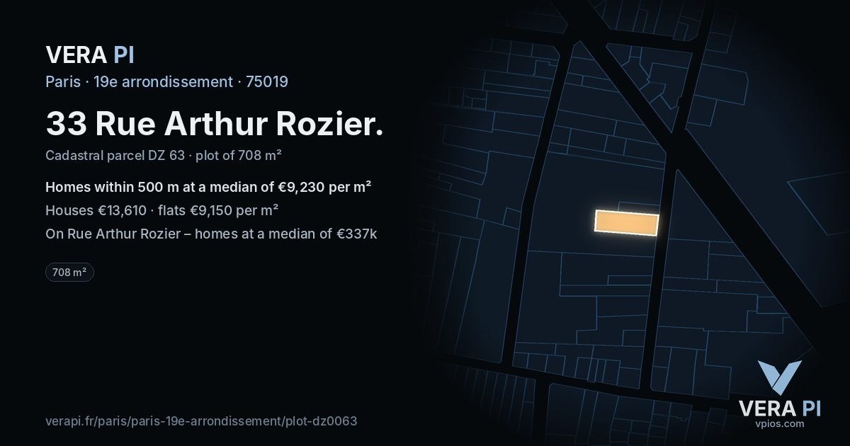 33 Rue Arthur Rozier, 19e arrondissement at night – the plot lit, the parcels around coloured by the prices near them