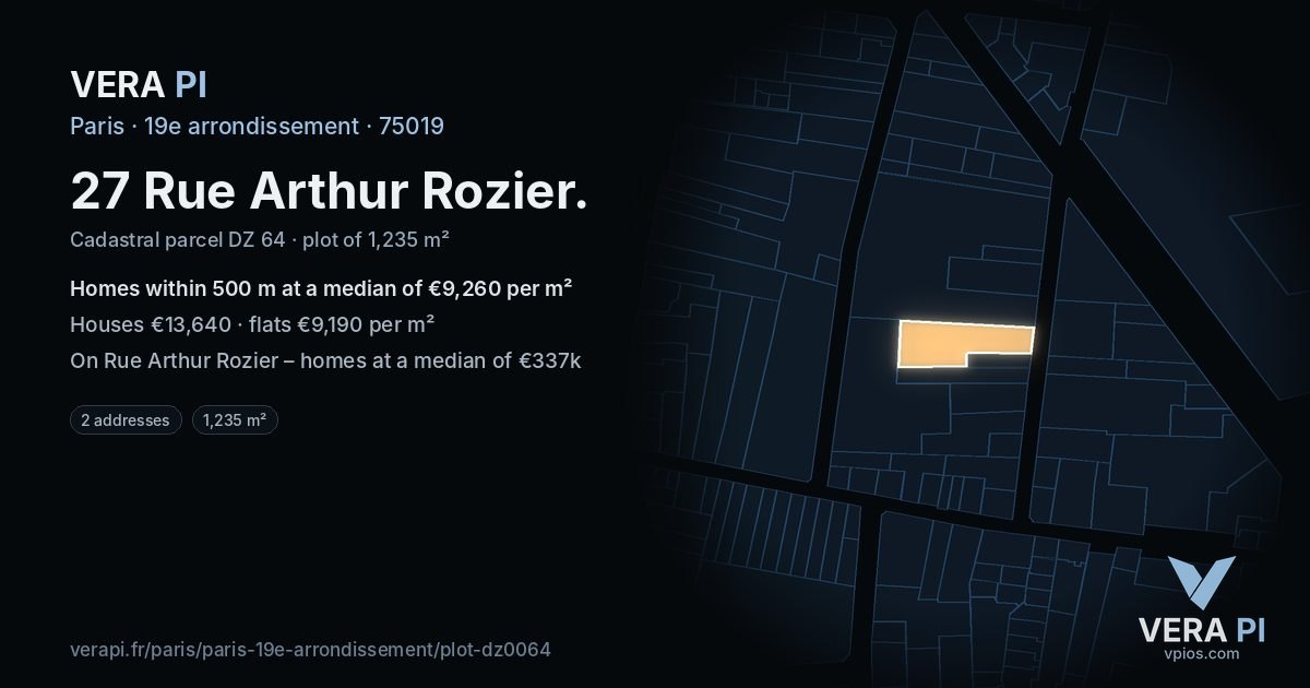 27 Rue Arthur Rozier, 19e arrondissement at night – the plot lit, the parcels around coloured by the prices near them