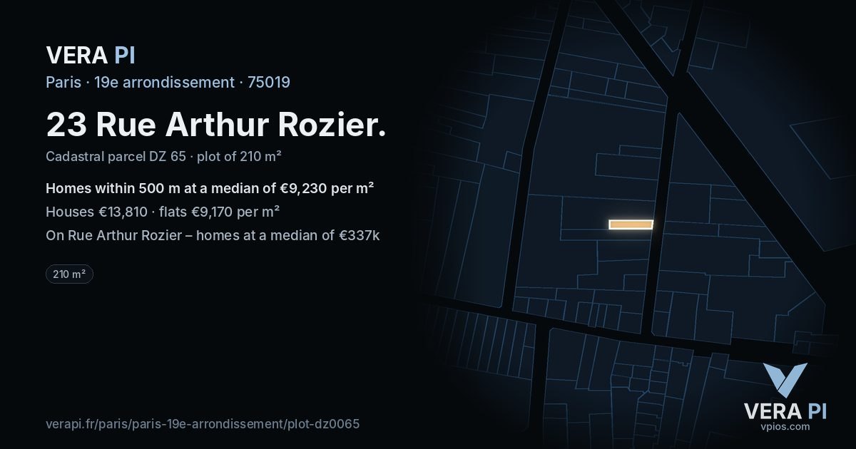 23 Rue Arthur Rozier, 19e arrondissement at night – the plot lit, the parcels around coloured by the prices near them