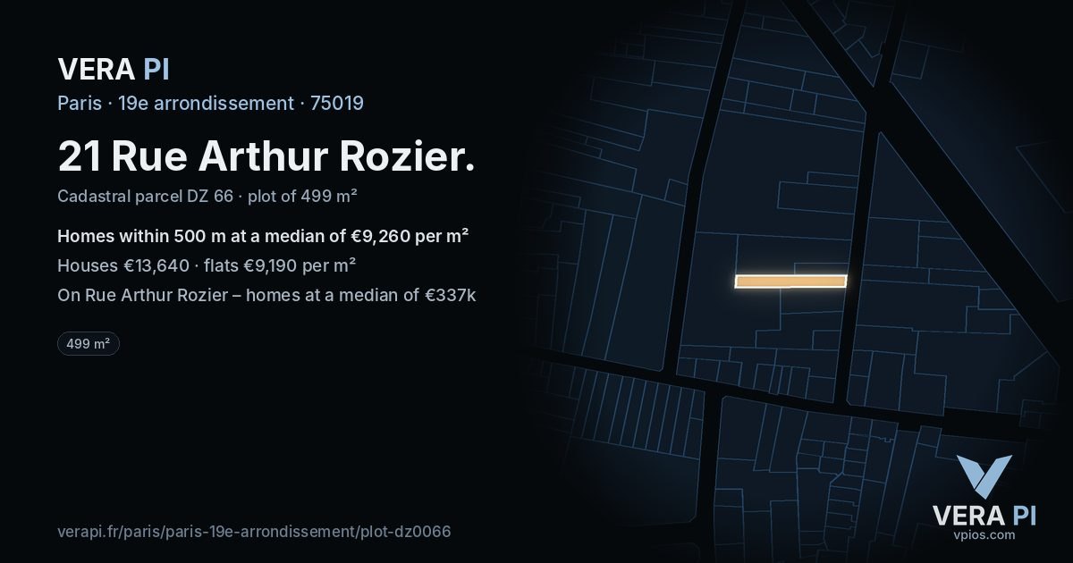 21 Rue Arthur Rozier, 19e arrondissement at night – the plot lit, the parcels around coloured by the prices near them