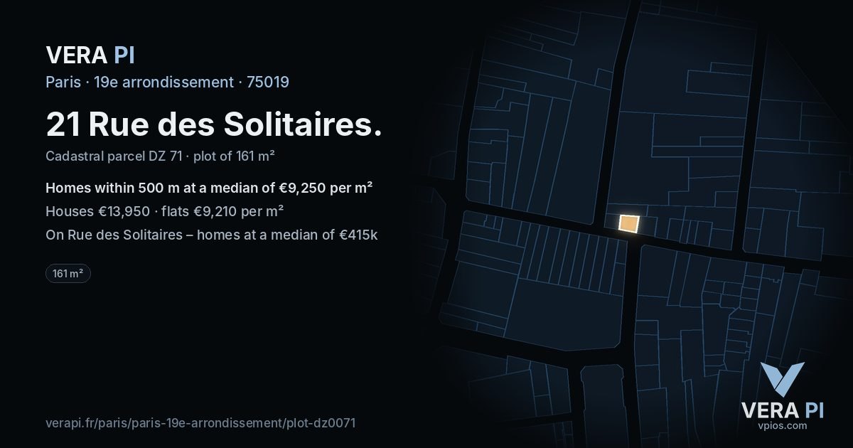 21 Rue des Solitaires, 19e arrondissement at night – the plot lit, the parcels around coloured by the prices near them