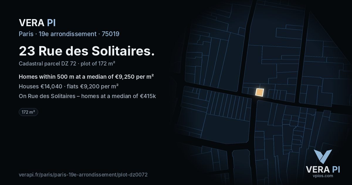 23 Rue des Solitaires, 19e arrondissement at night – the plot lit, the parcels around coloured by the prices near them