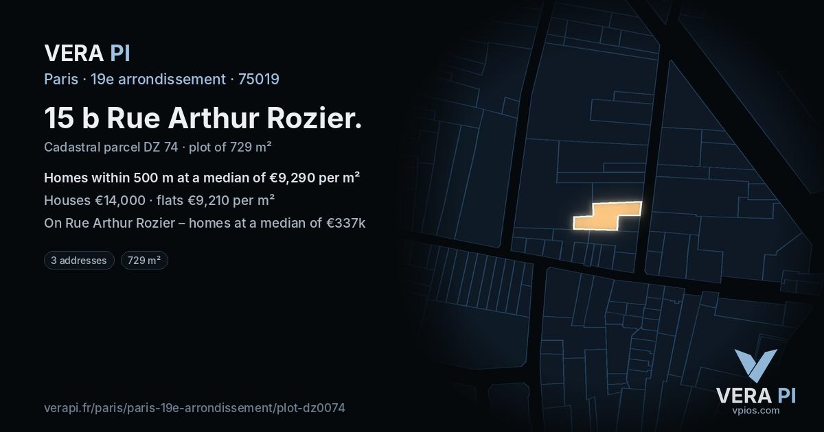 15 b Rue Arthur Rozier, 19e arrondissement at night – the plot lit, the parcels around coloured by the prices near them