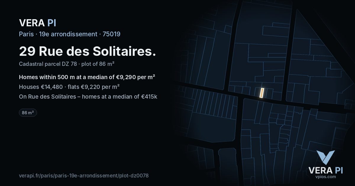29 Rue des Solitaires, 19e arrondissement at night – the plot lit, the parcels around coloured by the prices near them