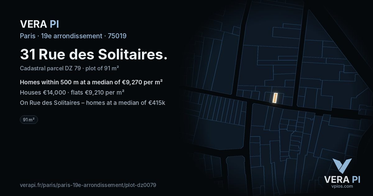 31 Rue des Solitaires, 19e arrondissement at night – the plot lit, the parcels around coloured by the prices near them