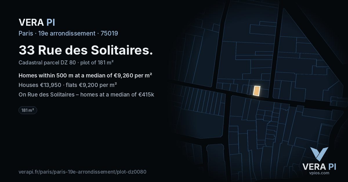 33 Rue des Solitaires, 19e arrondissement at night – the plot lit, the parcels around coloured by the prices near them