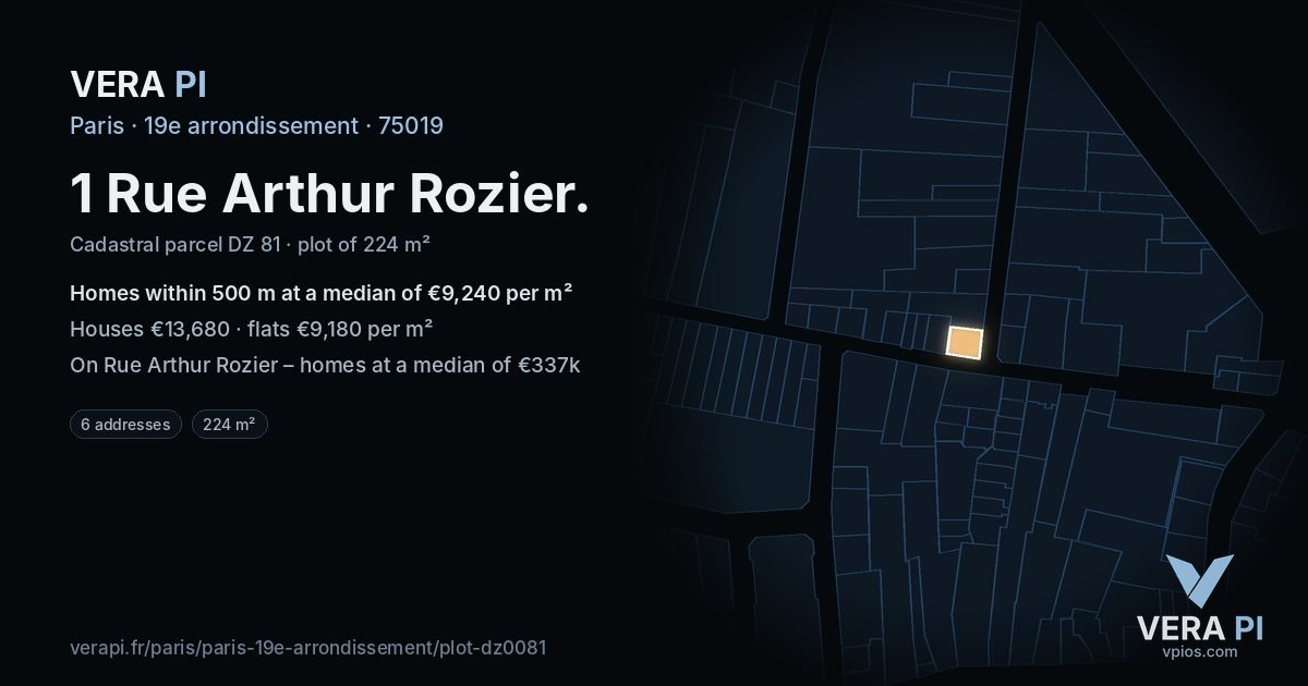 1 Rue Arthur Rozier, 19e arrondissement at night – the plot lit, the parcels around coloured by the prices near them