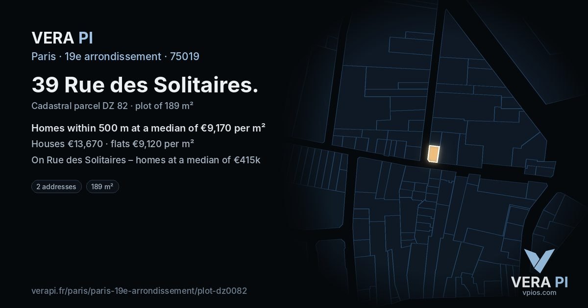 39 Rue des Solitaires, 19e arrondissement at night – the plot lit, the parcels around coloured by the prices near them