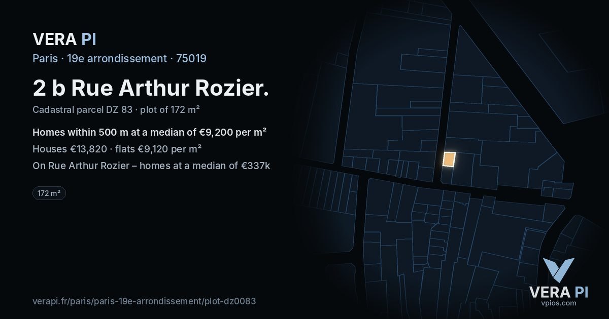 2 b Rue Arthur Rozier, 19e arrondissement at night – the plot lit, the parcels around coloured by the prices near them