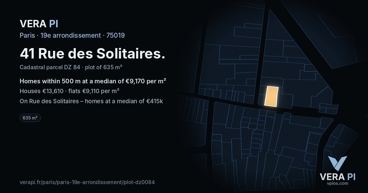 41 Rue des Solitaires, 19e arrondissement at night – the plot lit, the parcels around coloured by the prices near them