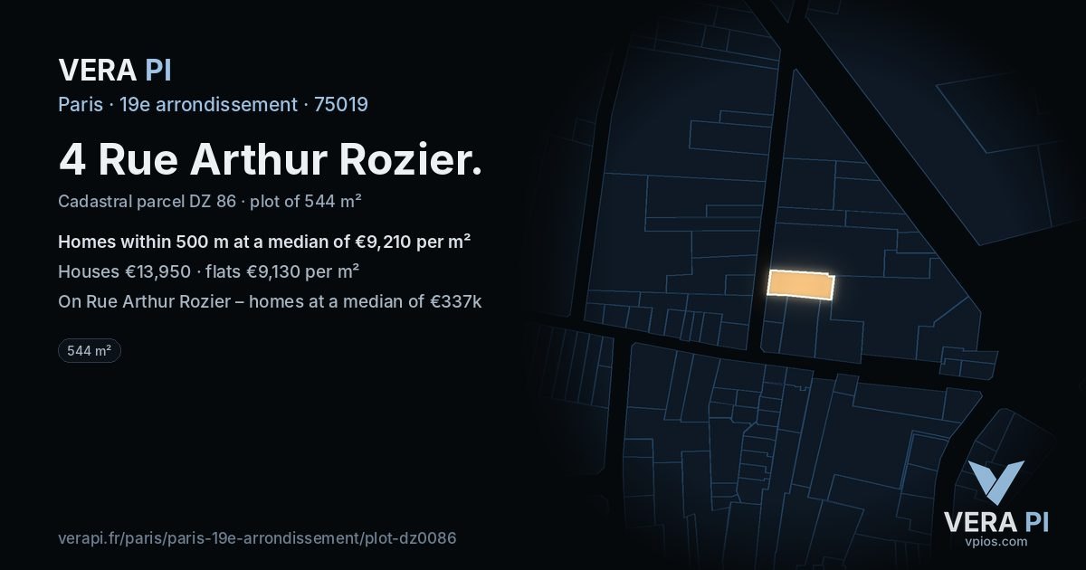 4 Rue Arthur Rozier, 19e arrondissement at night – the plot lit, the parcels around coloured by the prices near them