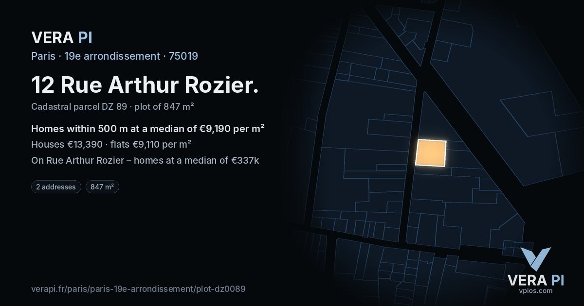 12 Rue Arthur Rozier, 19e arrondissement at night – the plot lit, the parcels around coloured by the prices near them