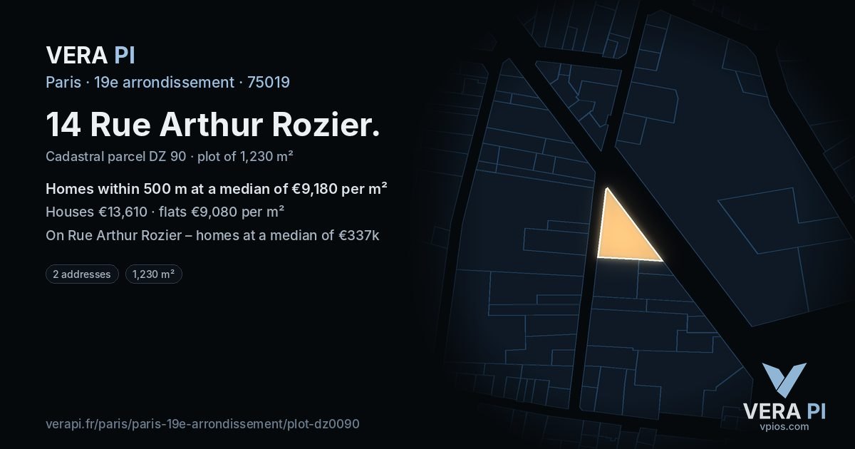 14 Rue Arthur Rozier, 19e arrondissement at night – the plot lit, the parcels around coloured by the prices near them