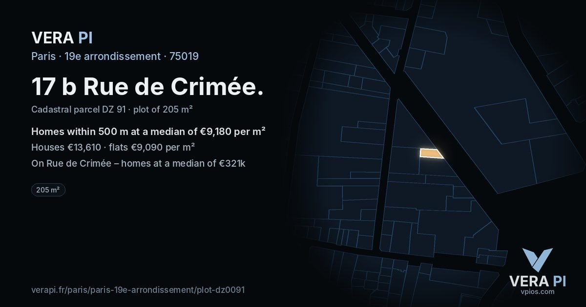 17 b Rue de Crimée, 19e arrondissement at night – the plot lit, the parcels around coloured by the prices near them