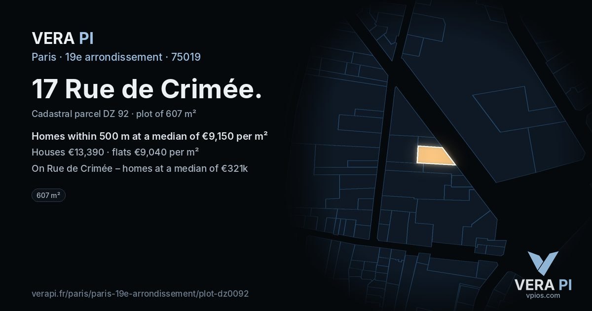 17 Rue de Crimée, 19e arrondissement at night – the plot lit, the parcels around coloured by the prices near them