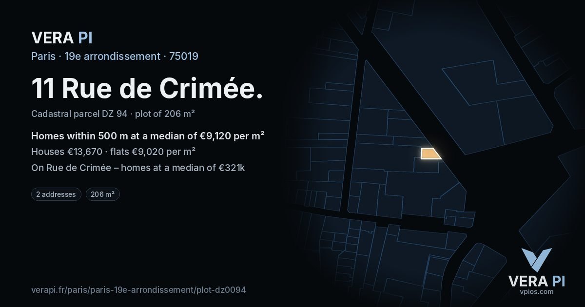 11 Rue de Crimée, 19e arrondissement at night – the plot lit, the parcels around coloured by the prices near them