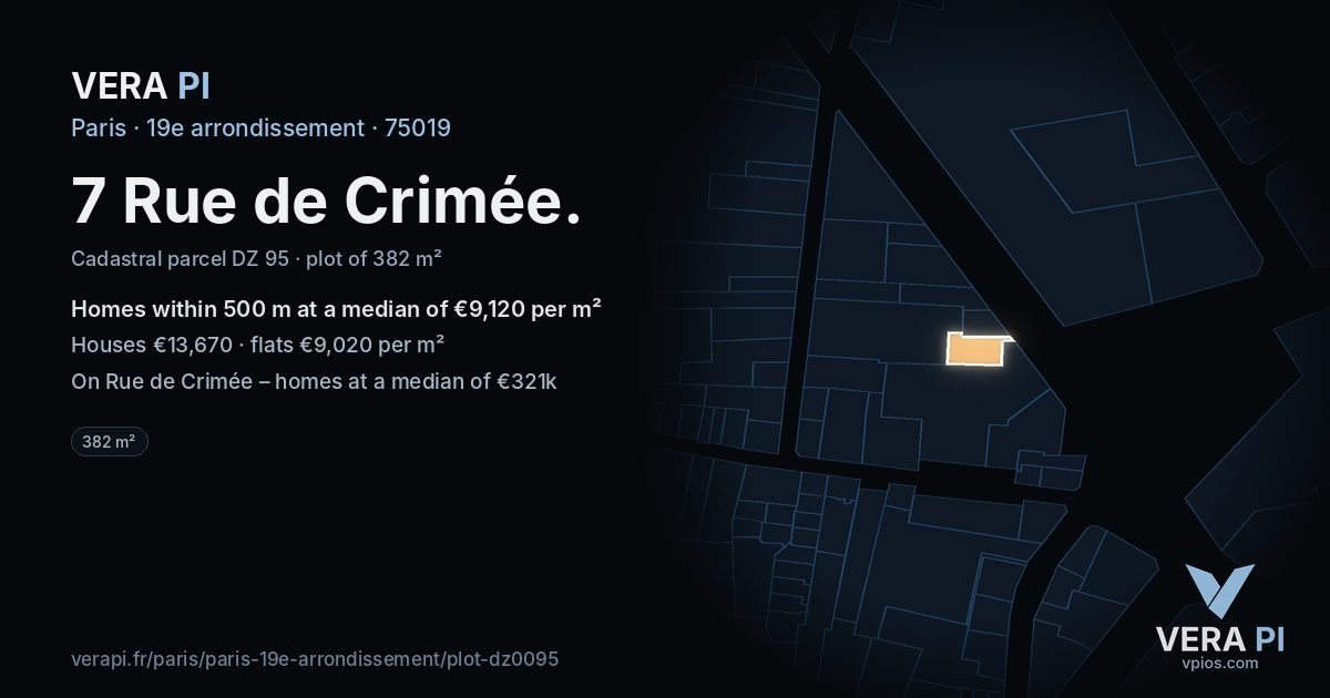 7 Rue de Crimée, 19e arrondissement at night – the plot lit, the parcels around coloured by the prices near them