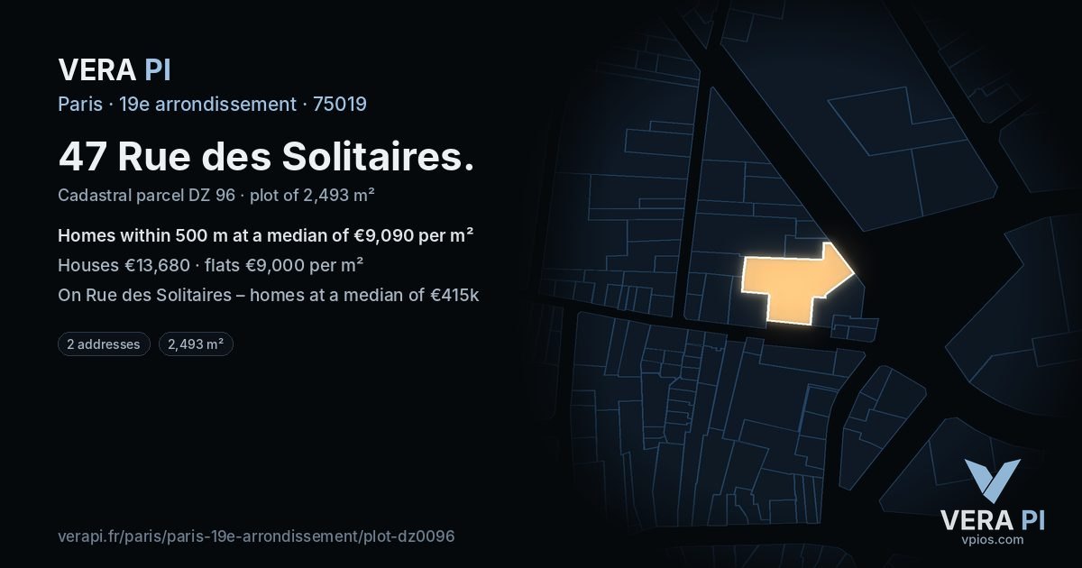 47 Rue des Solitaires, 19e arrondissement at night – the plot lit, the parcels around coloured by the prices near them