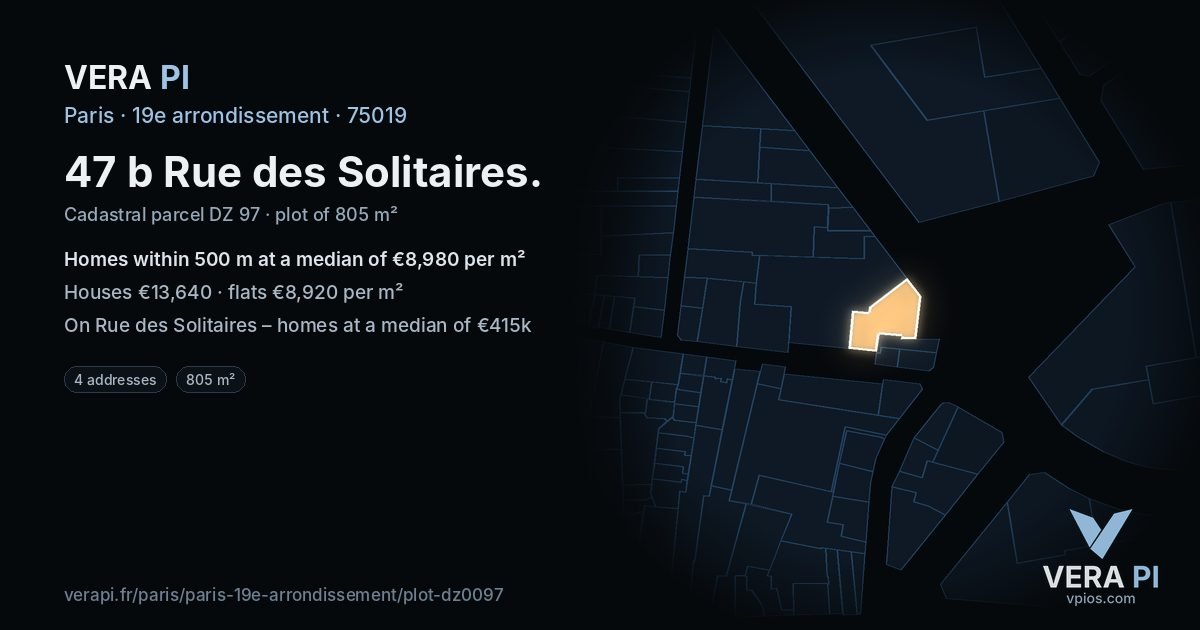 47 b Rue des Solitaires, 19e arrondissement at night – the plot lit, the parcels around coloured by the prices near them