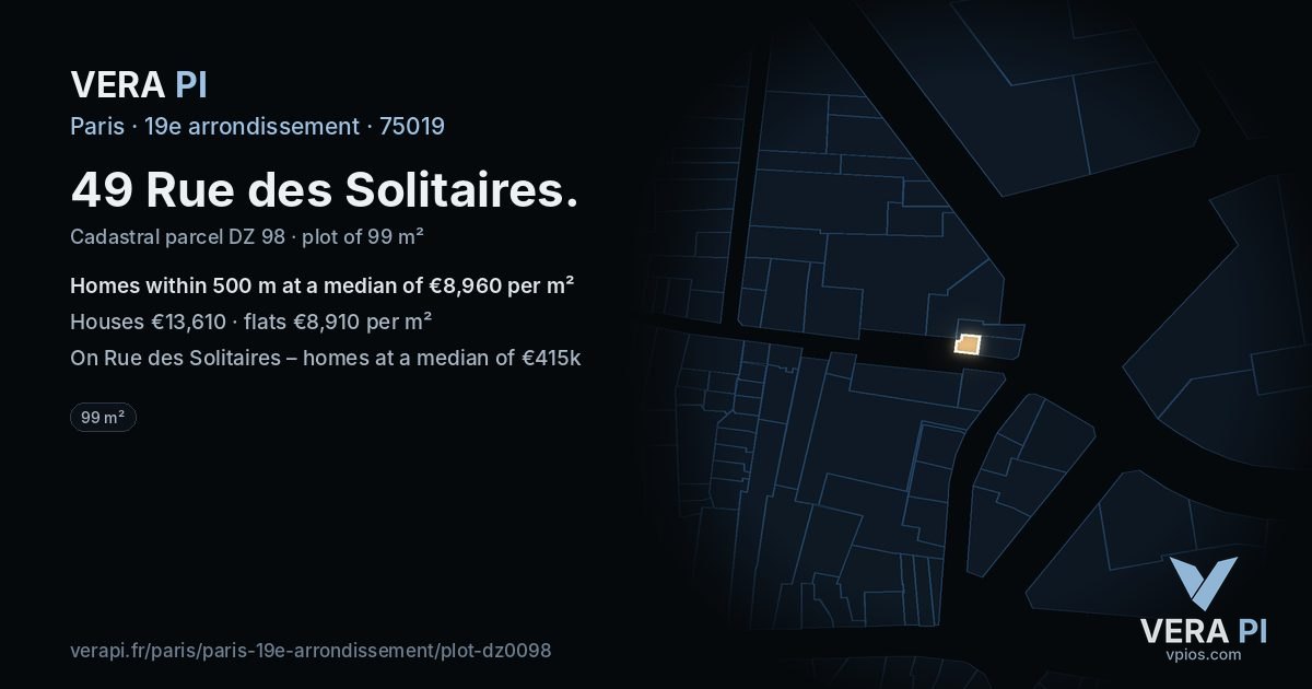 49 Rue des Solitaires, 19e arrondissement at night – the plot lit, the parcels around coloured by the prices near them