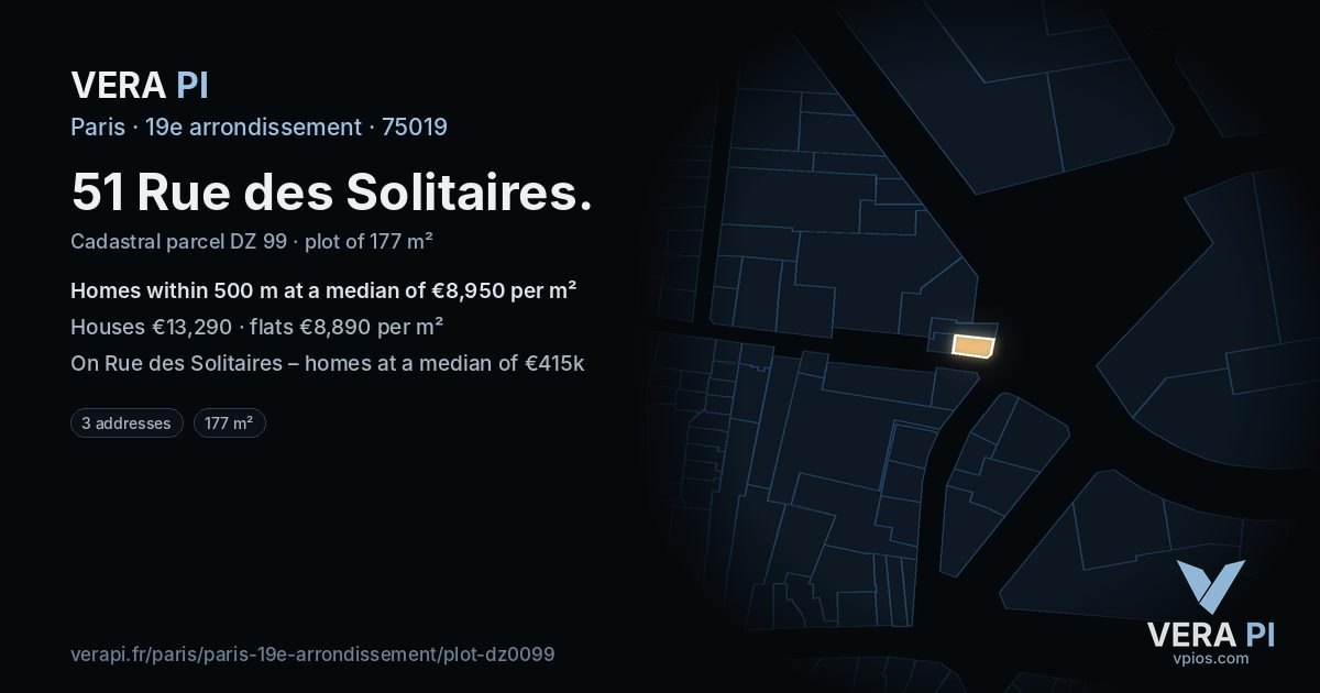 51 Rue des Solitaires, 19e arrondissement at night – the plot lit, the parcels around coloured by the prices near them