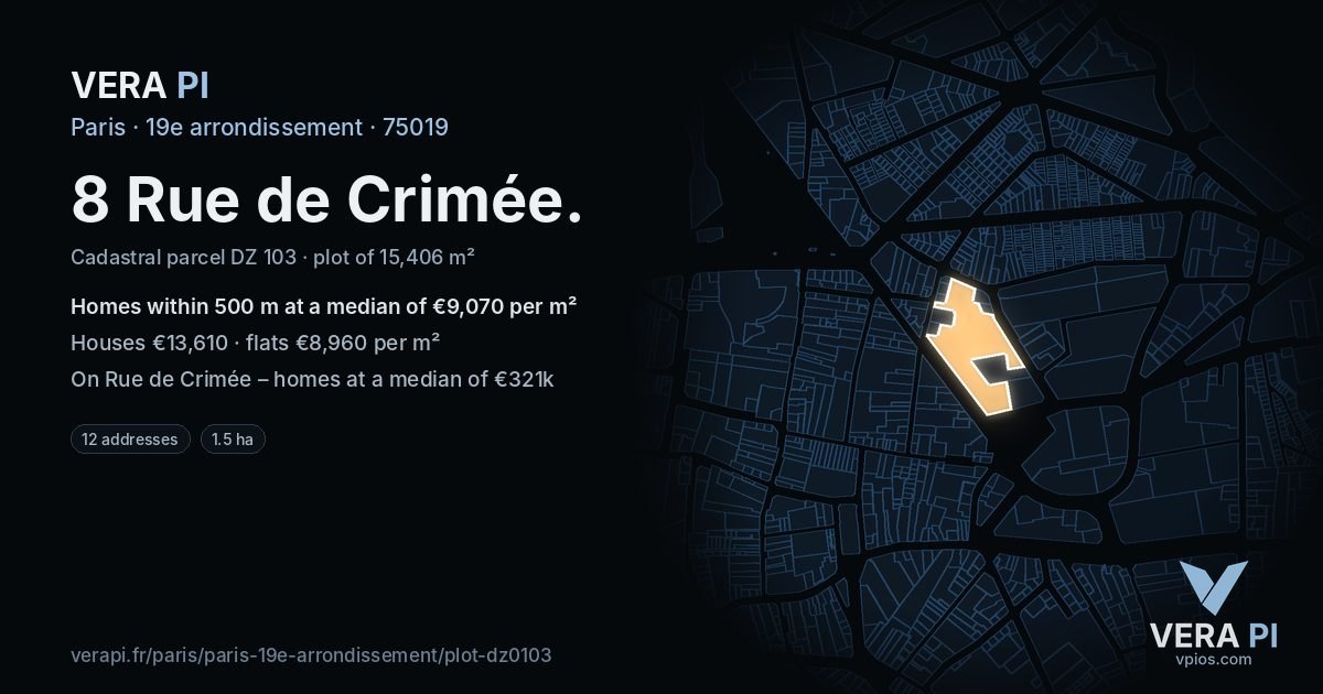 8 Rue de Crimée, 19e arrondissement at night – the plot lit, the parcels around coloured by the prices near them