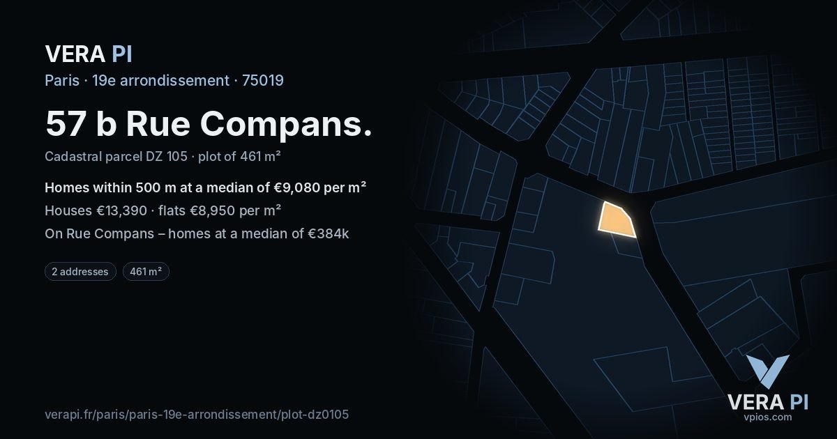 57 b Rue Compans, 19e arrondissement at night – the plot lit, the parcels around coloured by the prices near them