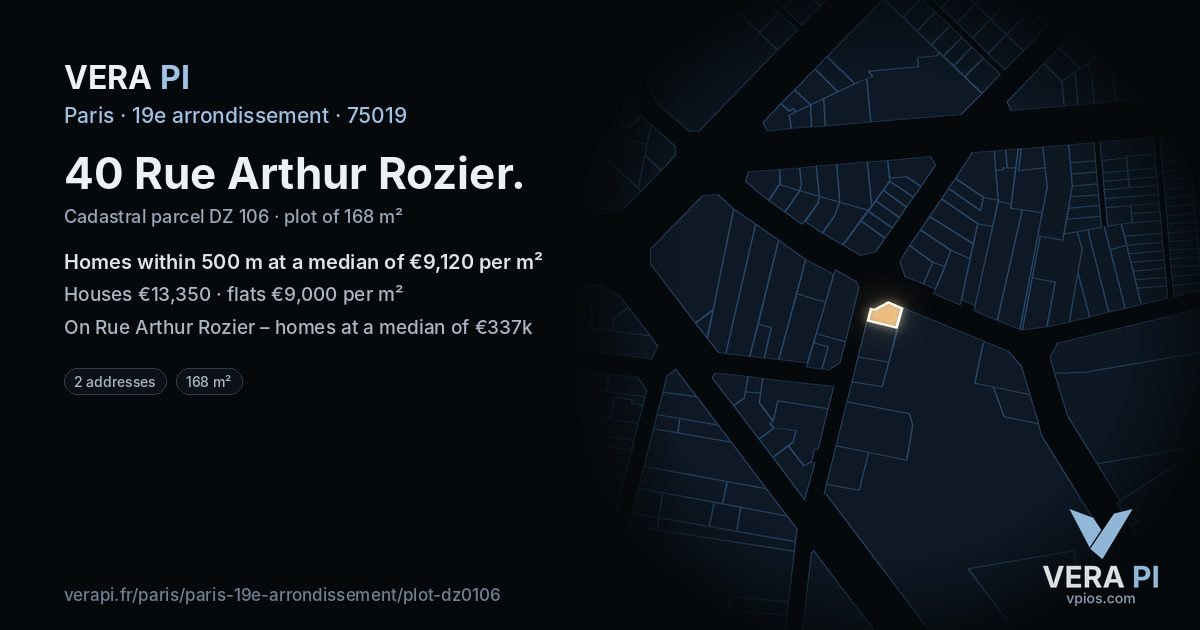 40 Rue Arthur Rozier, 19e arrondissement at night – the plot lit, the parcels around coloured by the prices near them