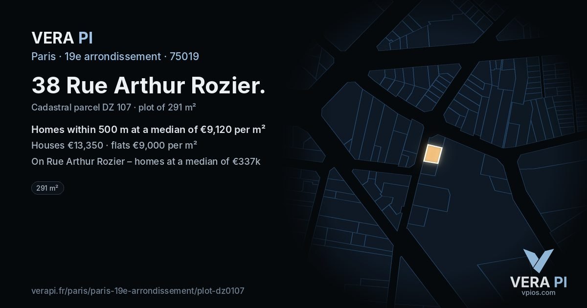 38 Rue Arthur Rozier, 19e arrondissement at night – the plot lit, the parcels around coloured by the prices near them