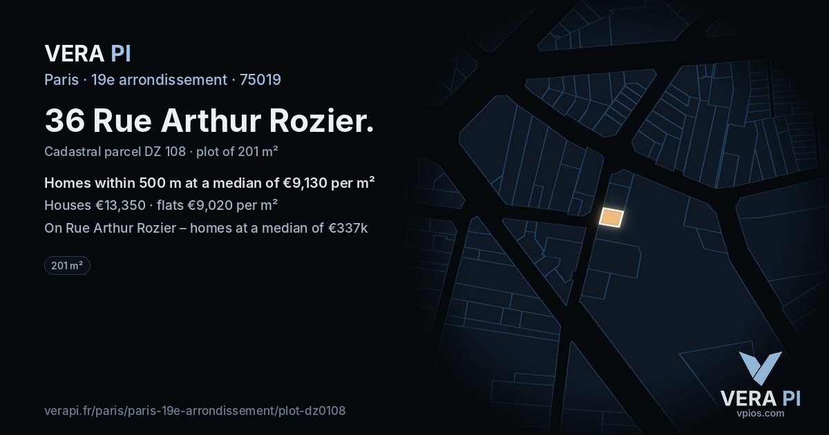 36 Rue Arthur Rozier, 19e arrondissement at night – the plot lit, the parcels around coloured by the prices near them