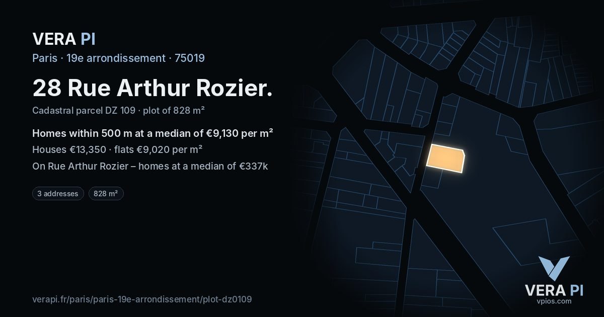 28 Rue Arthur Rozier, 19e arrondissement at night – the plot lit, the parcels around coloured by the prices near them