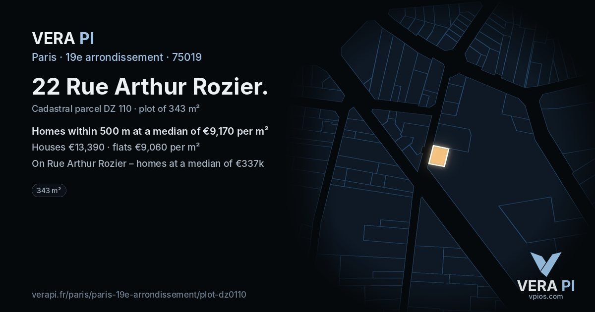 22 Rue Arthur Rozier, 19e arrondissement at night – the plot lit, the parcels around coloured by the prices near them