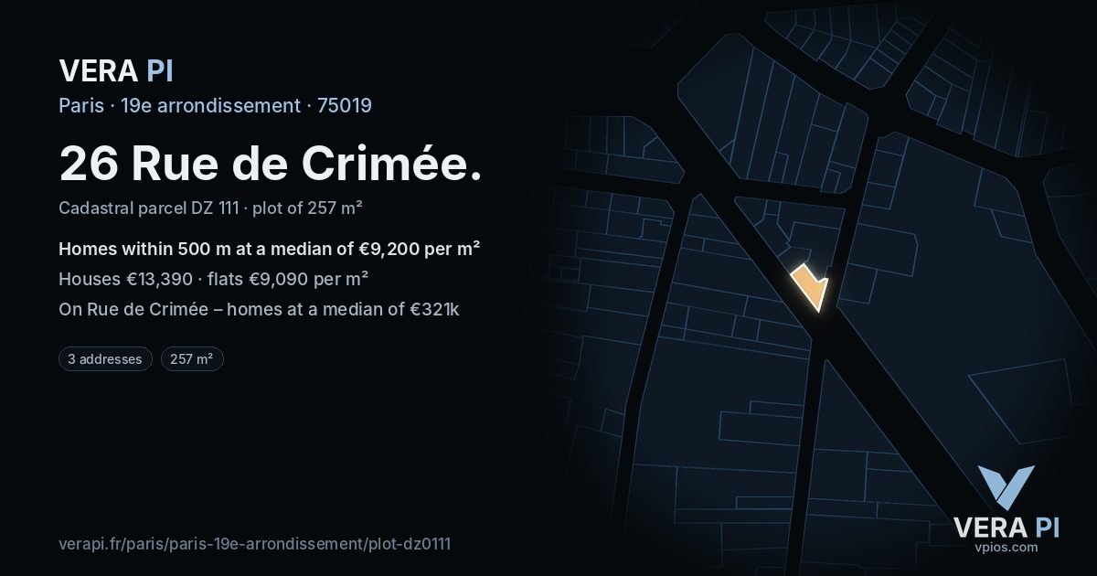 26 Rue de Crimée, 19e arrondissement at night – the plot lit, the parcels around coloured by the prices near them