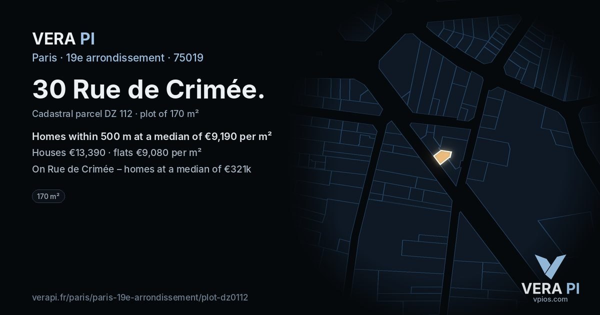 30 Rue de Crimée, 19e arrondissement at night – the plot lit, the parcels around coloured by the prices near them