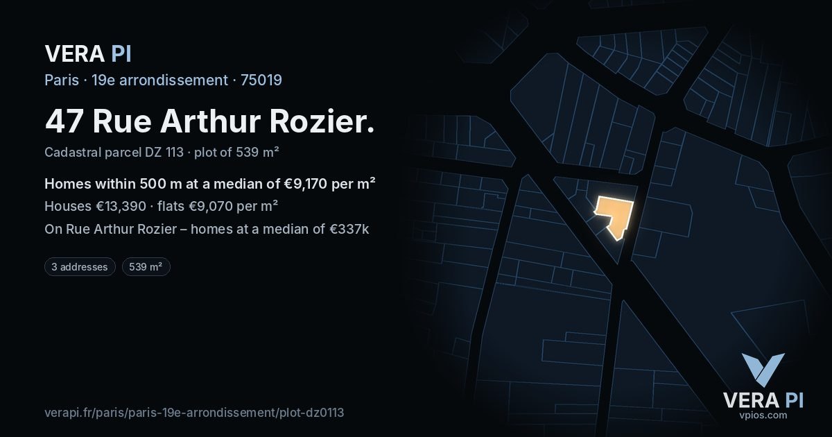 47 Rue Arthur Rozier, 19e arrondissement at night – the plot lit, the parcels around coloured by the prices near them