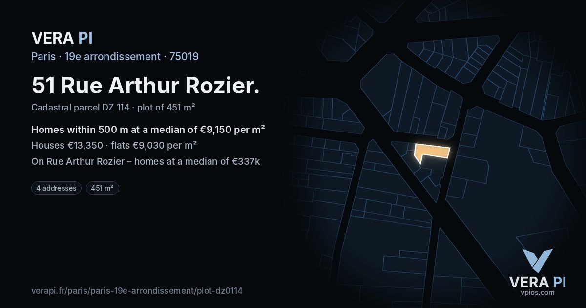 51 Rue Arthur Rozier, 19e arrondissement at night – the plot lit, the parcels around coloured by the prices near them