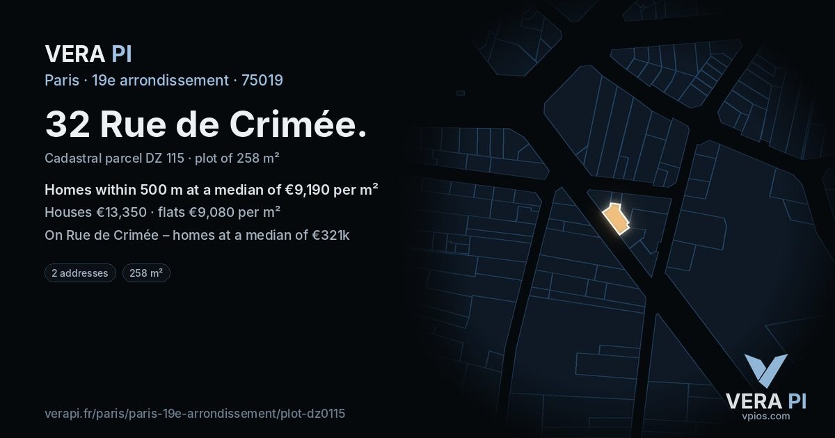 32 Rue de Crimée, 19e arrondissement at night – the plot lit, the parcels around coloured by the prices near them
