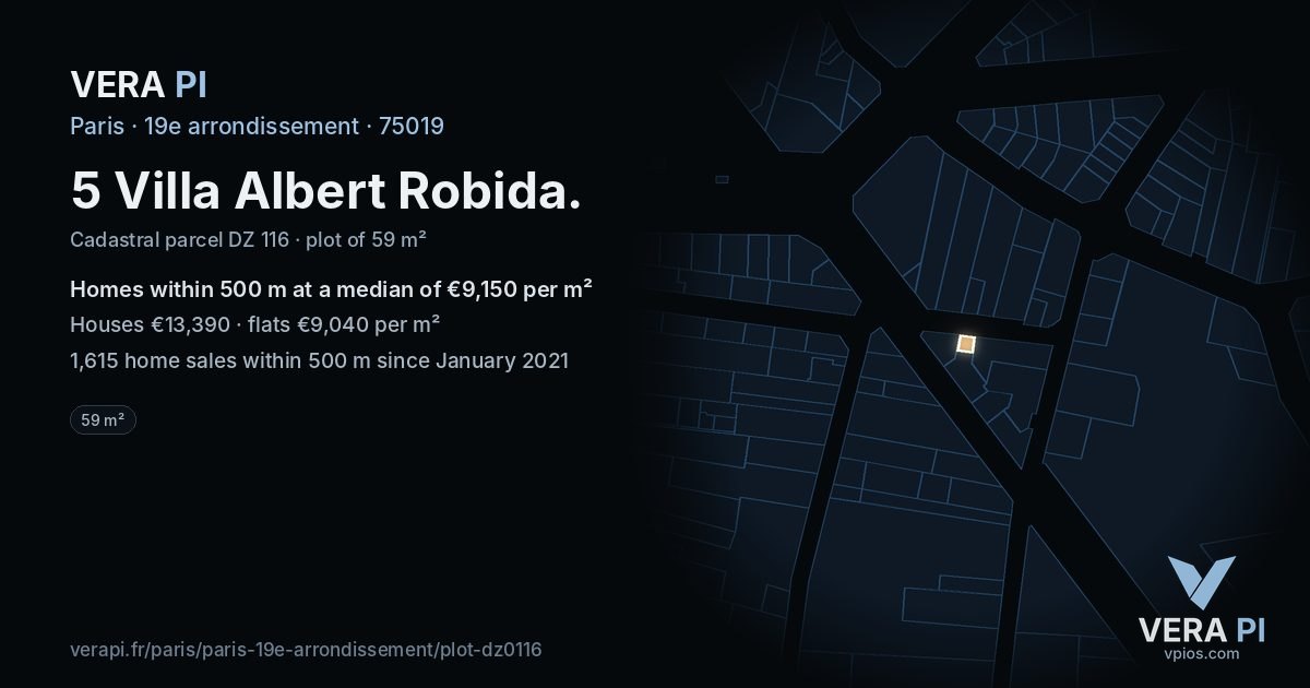 5 Villa Albert Robida, 19e arrondissement at night – the plot lit, the parcels around coloured by the prices near them