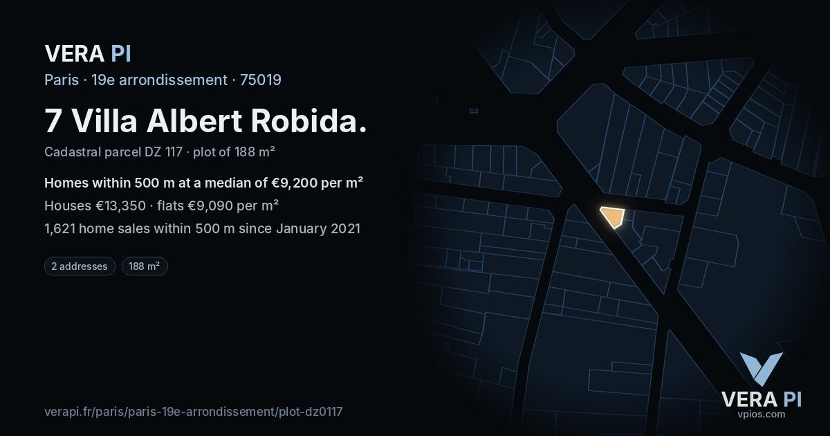 7 Villa Albert Robida, 19e arrondissement at night – the plot lit, the parcels around coloured by the prices near them