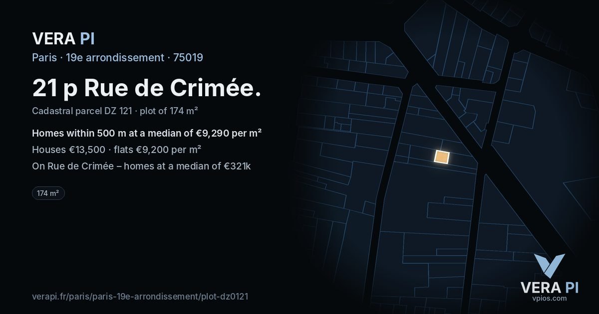 21 p Rue de Crimée, 19e arrondissement at night – the plot lit, the parcels around coloured by the prices near them