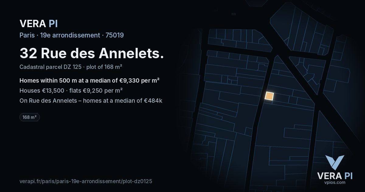 32 Rue des Annelets, 19e arrondissement at night – the plot lit, the parcels around coloured by the prices near them