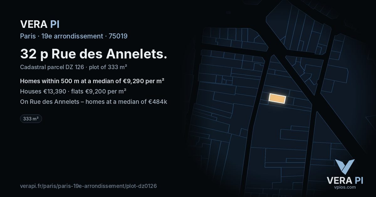 32 p Rue des Annelets, 19e arrondissement at night – the plot lit, the parcels around coloured by the prices near them
